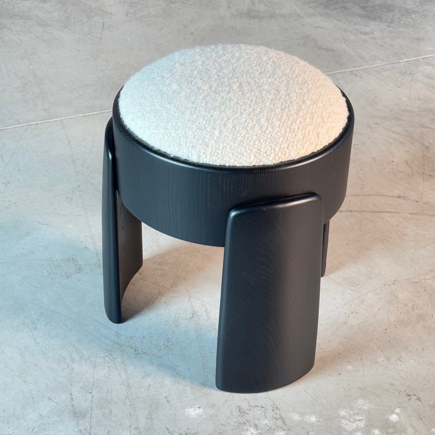 Sculptural Black Ash Wood Stools with Dedar Milano Bouclé Ivory by FORME