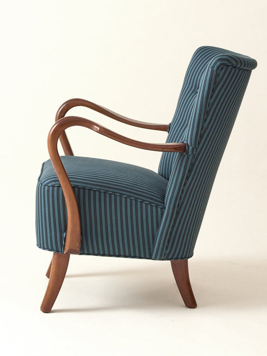 Alfred Christiansen Danish Modern Easy Chair in Blue Striped Cotton Fabric, 1940s Chairs