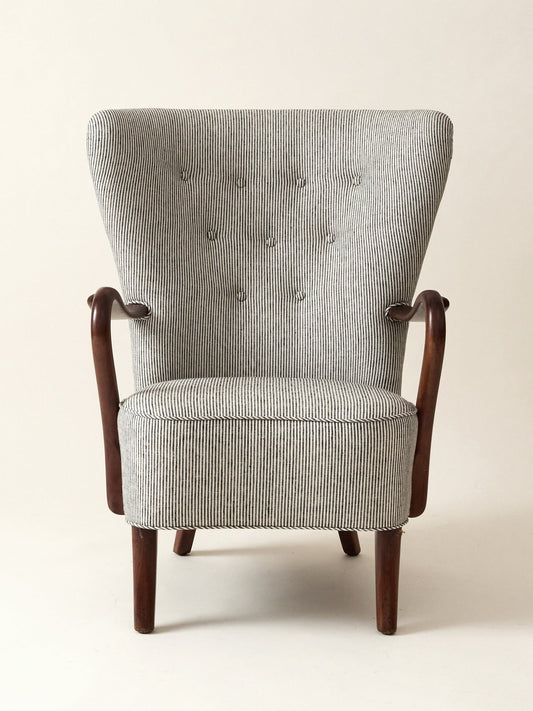 Alfred Christiansen High Back Easy Chair 23B in Striped Linen, 1940s Chairs