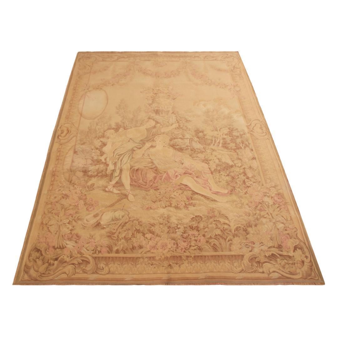 Antique French Pictorial Cream Beige Wool Tapestry Rug Rugs