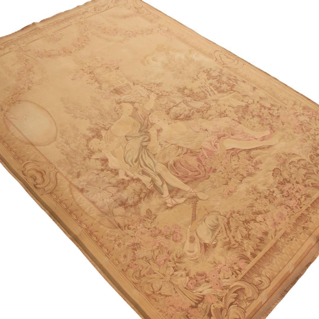 Antique French Pictorial Cream Beige Wool Tapestry Rug Rugs