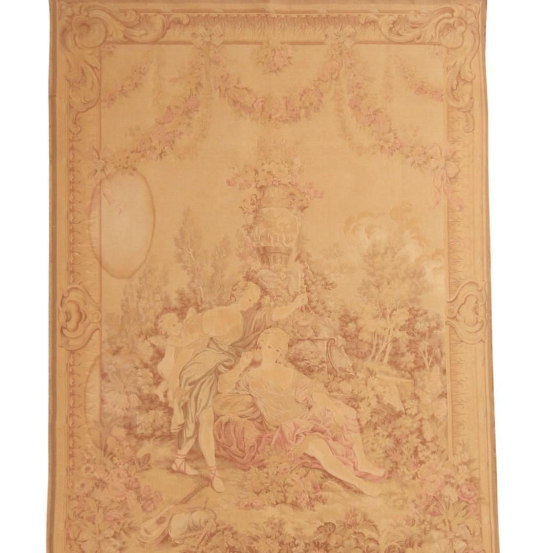 Antique French Pictorial Cream Beige Wool Tapestry Rug Rugs