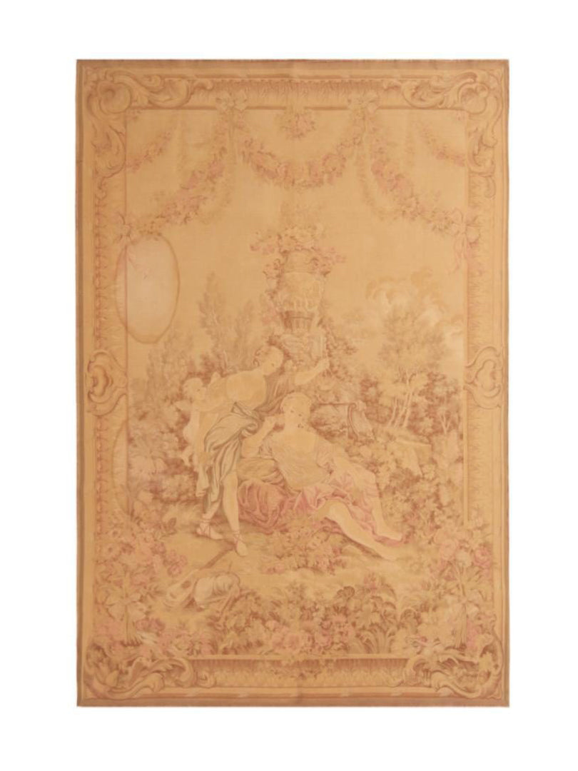 Antique French Pictorial Cream Beige Wool Tapestry Rug Rugs