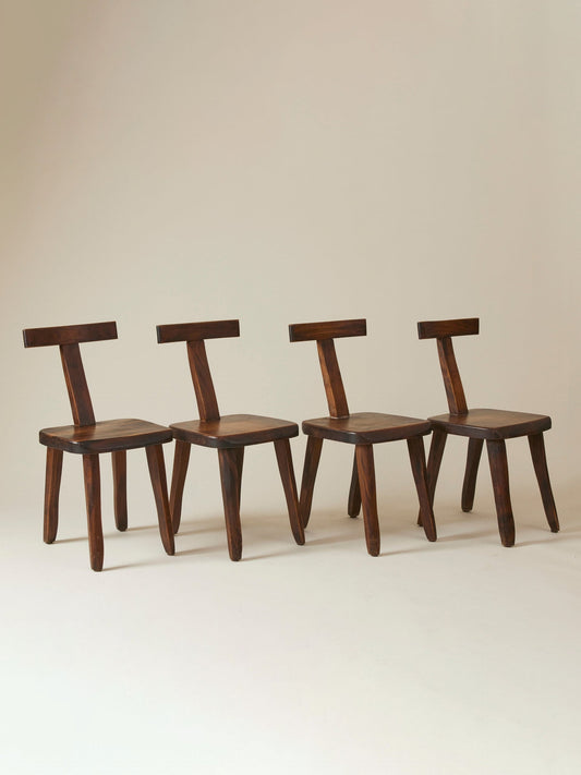 Brutalist Solid Wood Dining Chairs by Olavi Hanninen, Finland 1950s, Set of 4 Dining Chairs