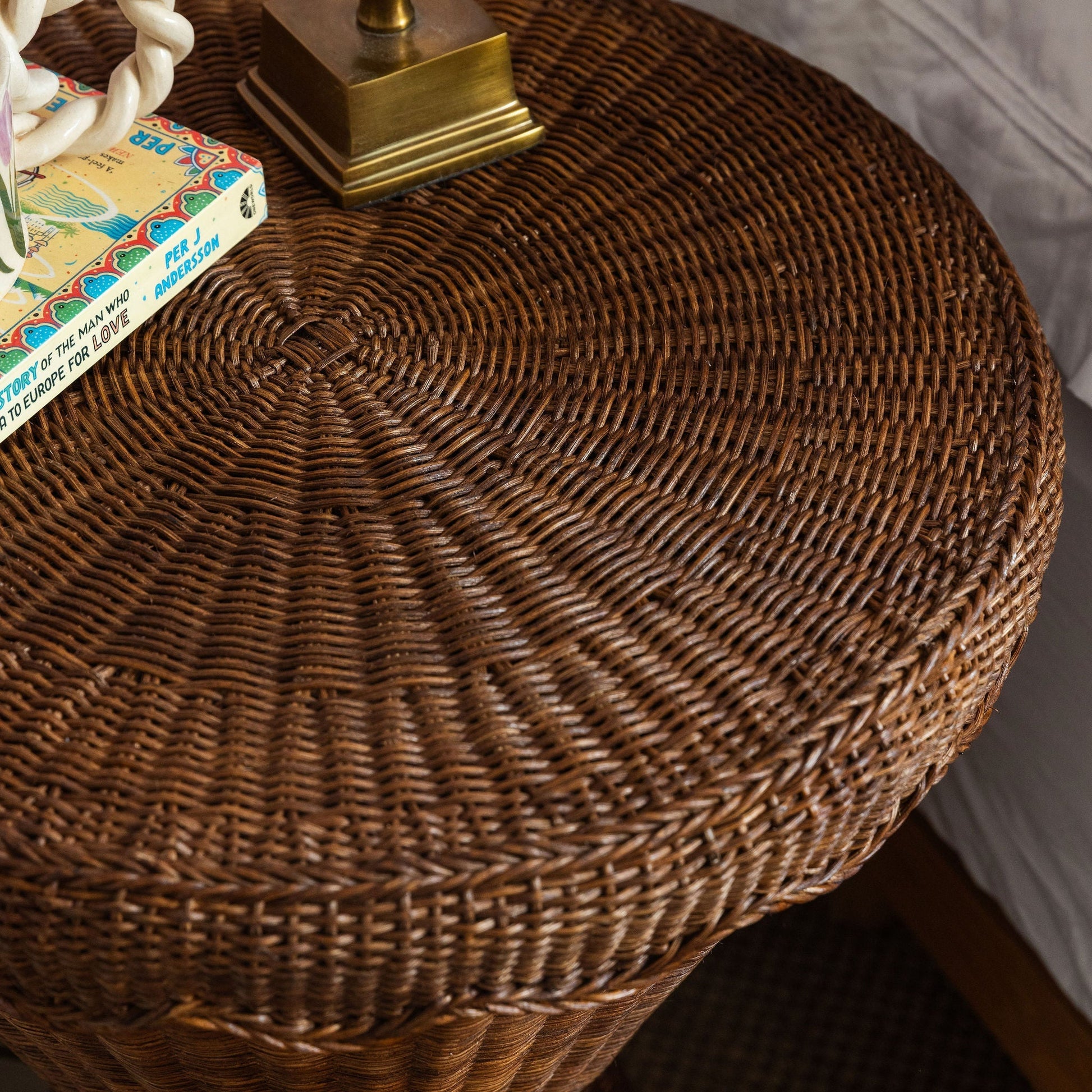 Damru Rattan Side Table, Teak End Tables