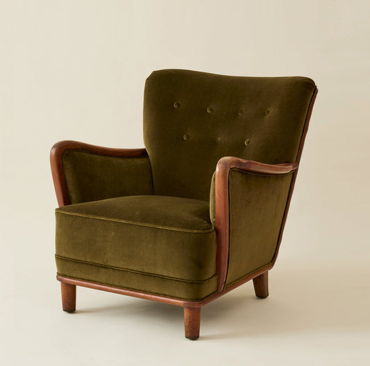 Danish Lounge Chair with Velvet and Wood-Trimmed Armrest, 1940's Chairs