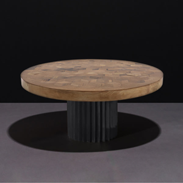 Doris Round Dining Table in Natural Reclaimed Oak Black Patina Bronze Dining Tables