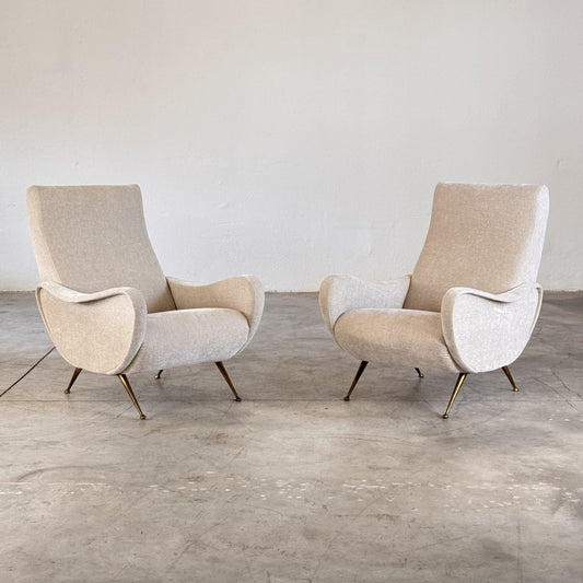Pair of 1950s Italian Lounge Chairs by Gigi Radice, Rubelli Fabric Chairs