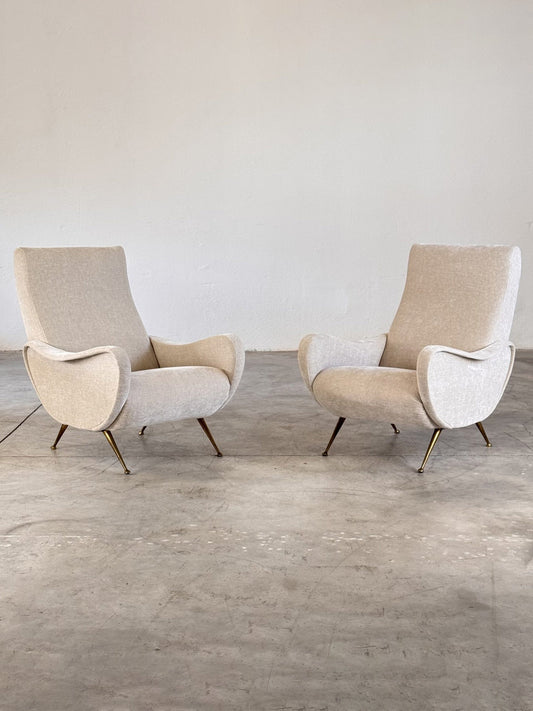 Pair of 1950s Italian Lounge Chairs by Gigi Radice, Rubelli Fabric Chairs