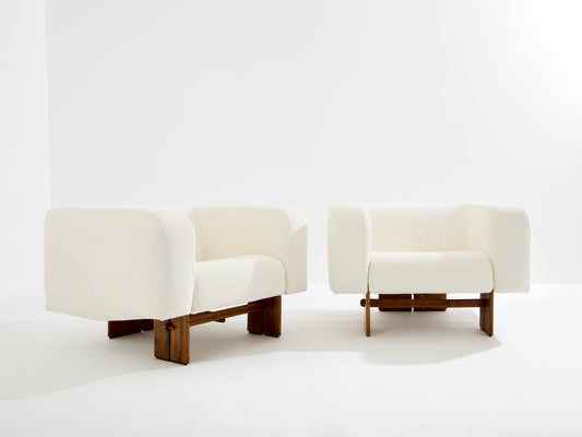 Pair of Brutalist Italian Armchairs in Walnut and Chenille Velvet, 1960s Chairs