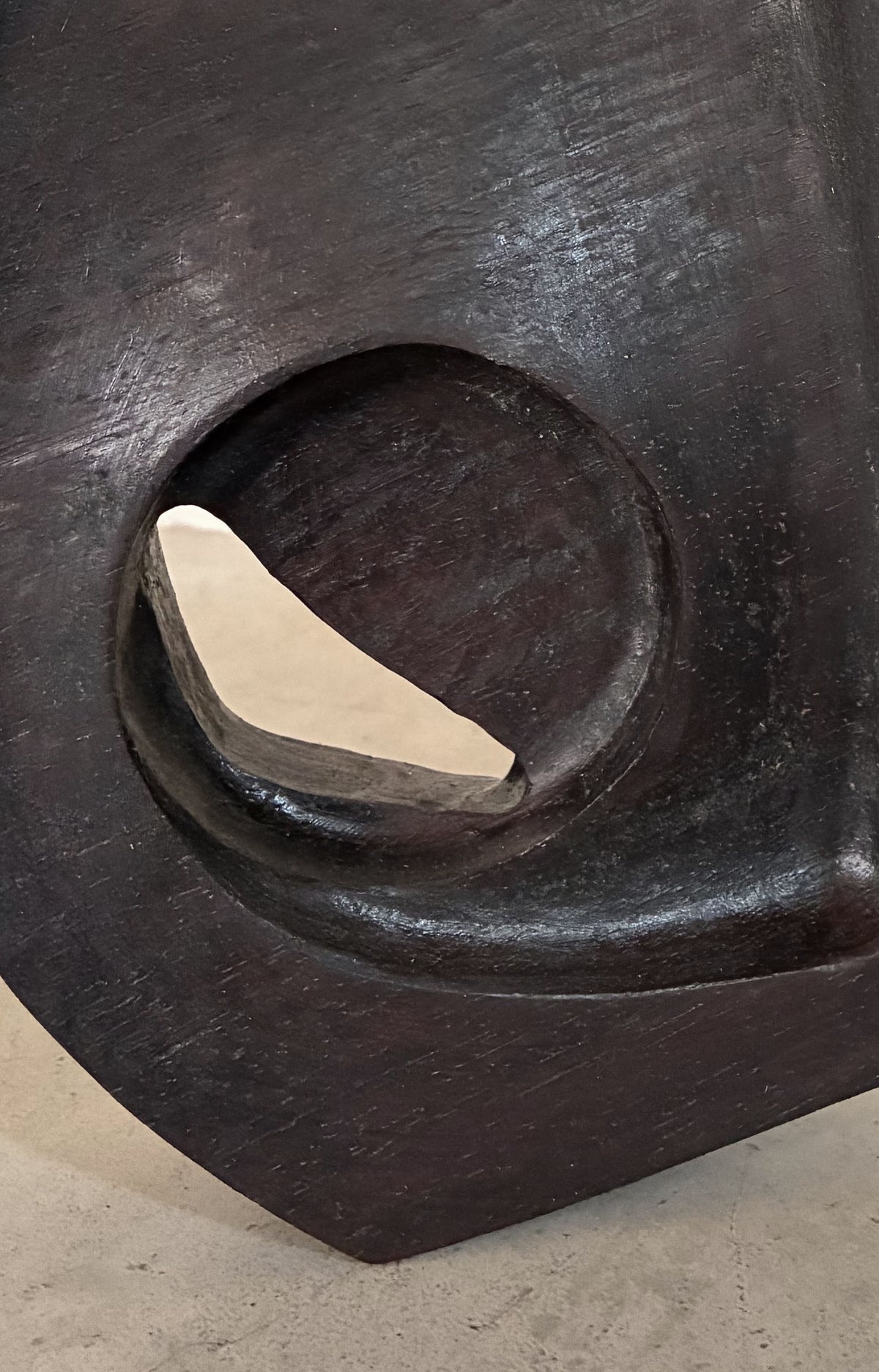 Gianni Pinna carved padouk wood sculpture, close detail of a pierced aperture and carved surface
