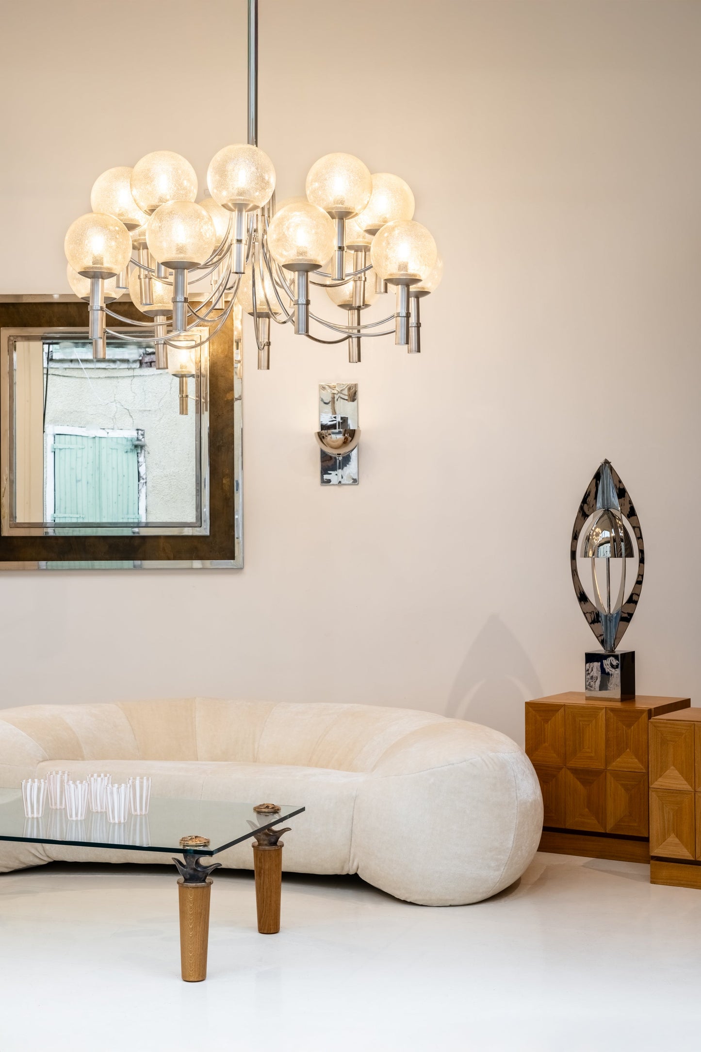 Pair of Unique Veronese Chandeliers 65-Inch Steel Murano Glass 1970 Chandeliers