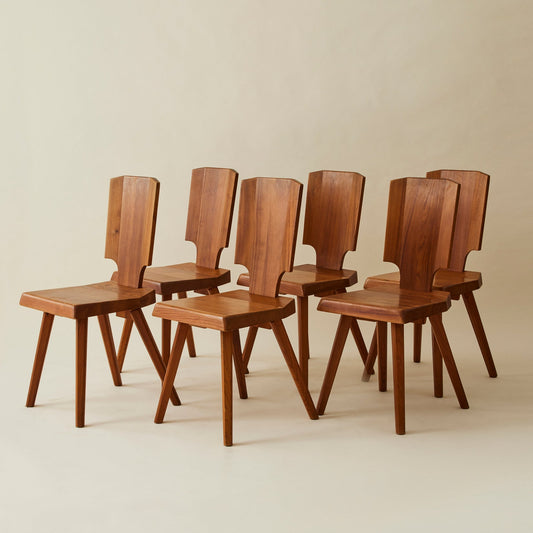 Pierre Chapo "S28" Solid Wood Elm Dining Chairs for Atelier Pierre Chapo, Set of 6, 1960's Dining Chairs