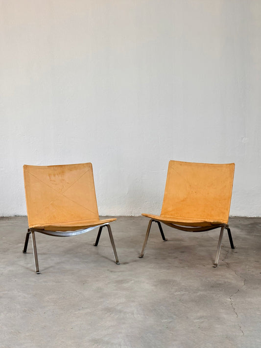 Poul Kjaerholm 'PK22' Lounge Chairs for Fritz Hansen in Light Patina Cognac Leather, 1956 Chairs