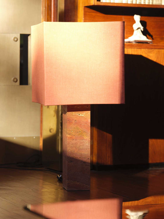 Roma Square Table Lamp in Linen and Red Travertine by Nassi Table Lamps
