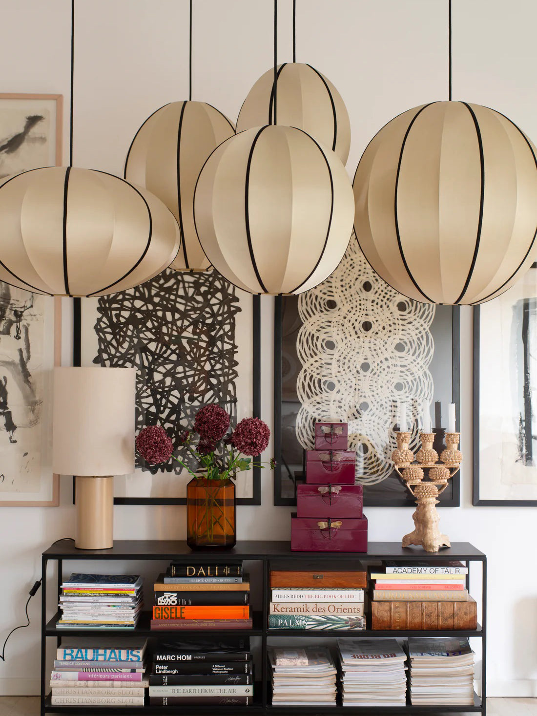 Round Extra Large Lampshade in Classic Silk with Black Ribbon Lamp Shades