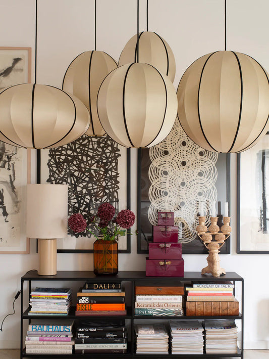 Round Large Lampshade in Classic Silk with Black Ribbon Lamp Shades