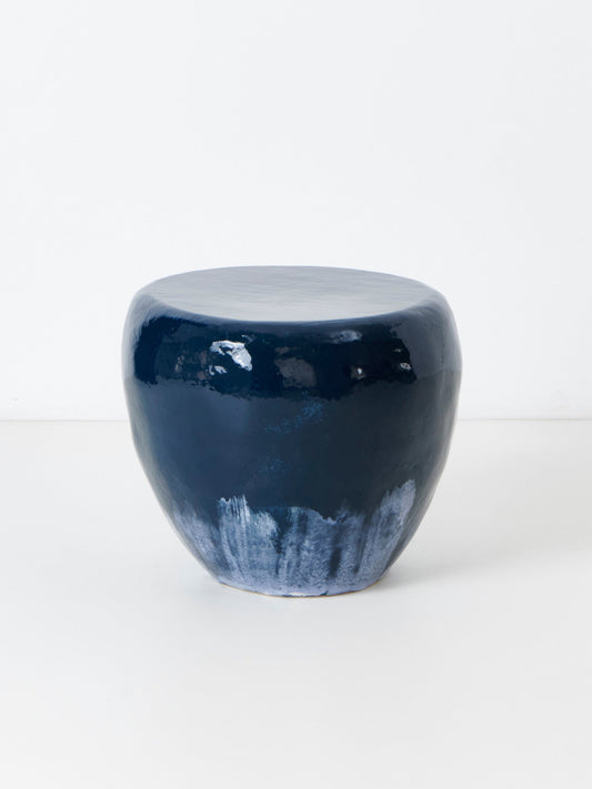 Rounded Medium Ceramic Side Table in Navy with Brushed White End Tables