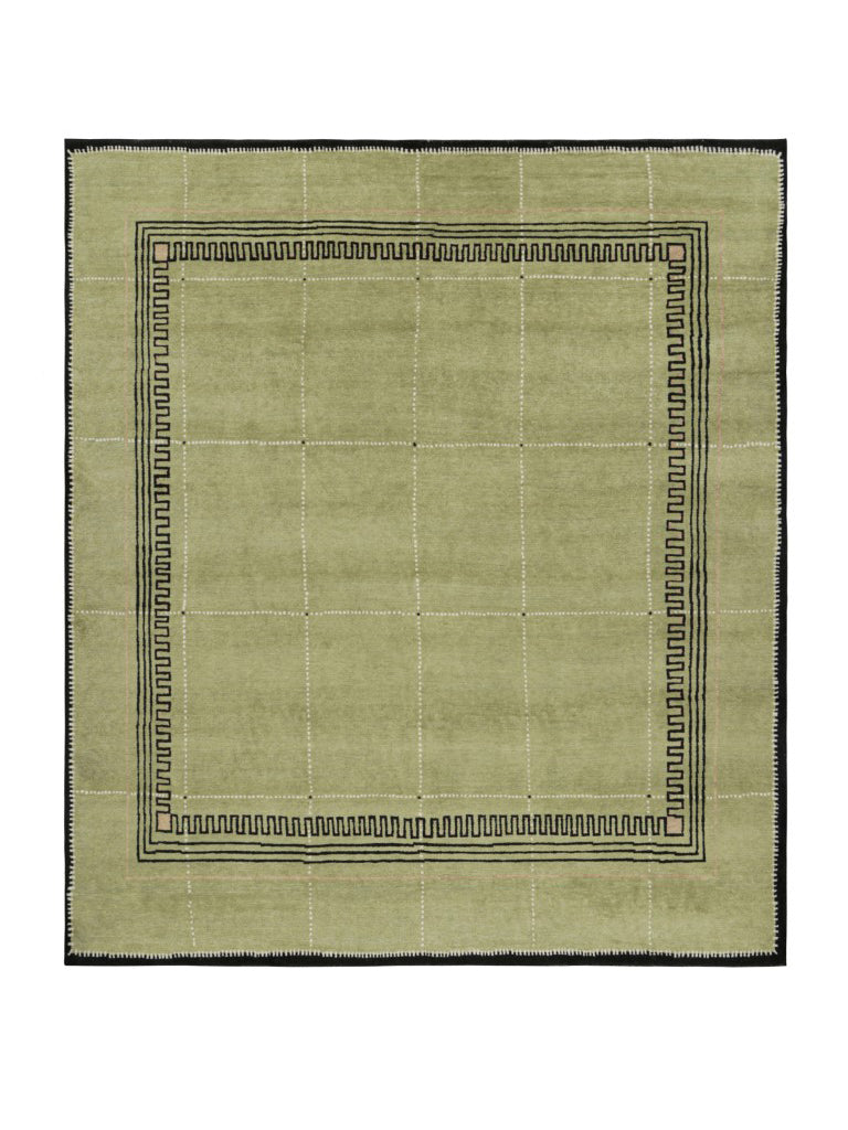 Rug & Kilim's Art Deco Rug in Green with Black Geometric Patterns Rugs