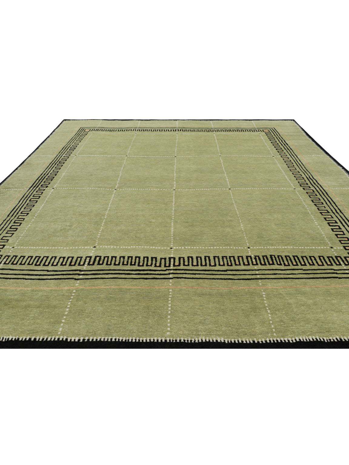 Rug & Kilim's Art Deco Rug in Green with Black Geometric Patterns Rugs