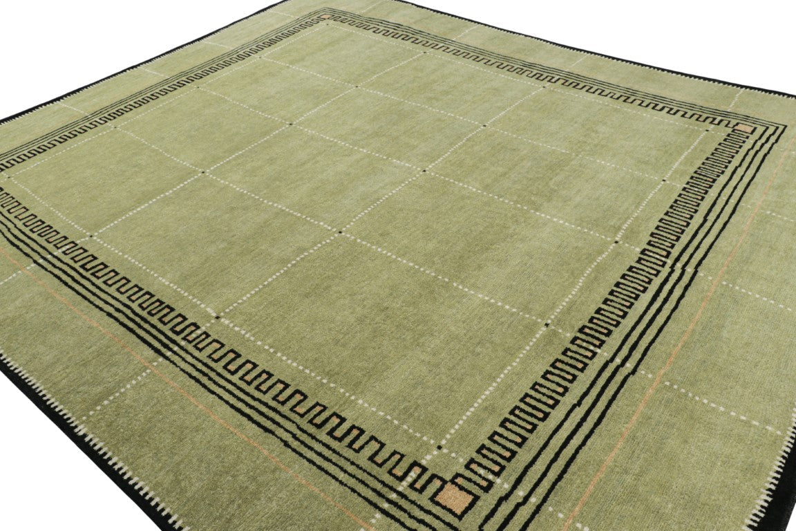 Rug & Kilim's Art Deco Rug in Green with Black Geometric Patterns Rugs