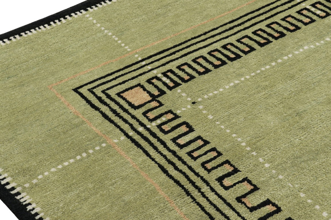 Rug & Kilim's Art Deco Rug in Green with Black Geometric Patterns Rugs
