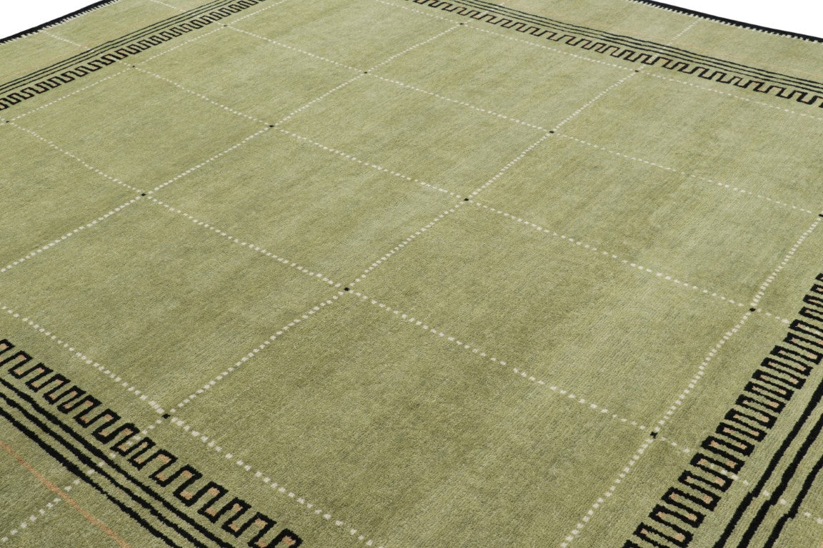 Rug & Kilim's Art Deco Rug in Green with Black Geometric Patterns Rugs
