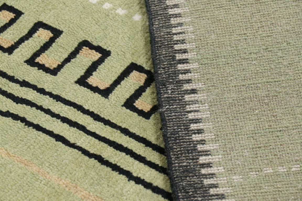Rug & Kilim's Art Deco Rug in Green with Black Geometric Patterns Rugs