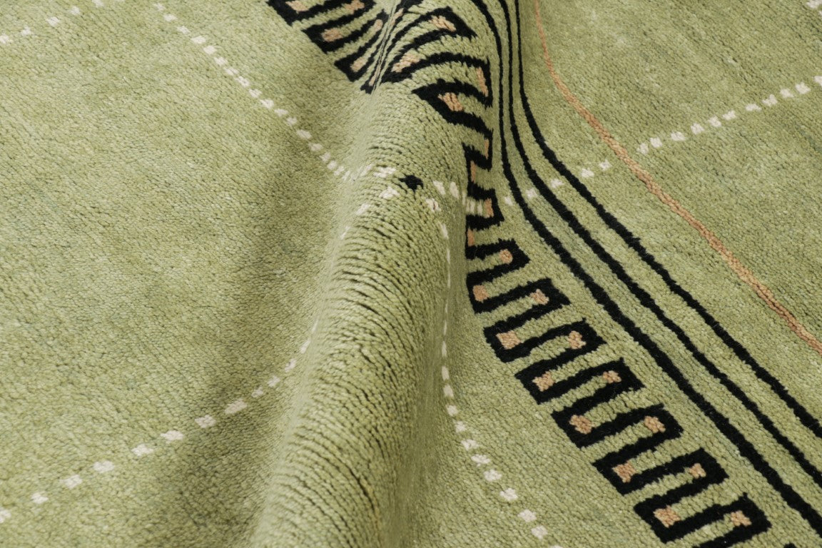 Rug & Kilim's Art Deco Rug in Green with Black Geometric Patterns Rugs