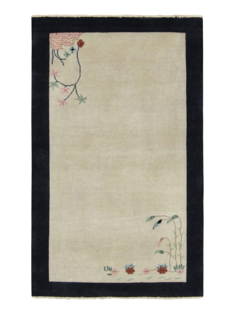 Rug & Kilim's Chinese Art Deco Runner Rug in Cream White with Floral Pattern Rugs