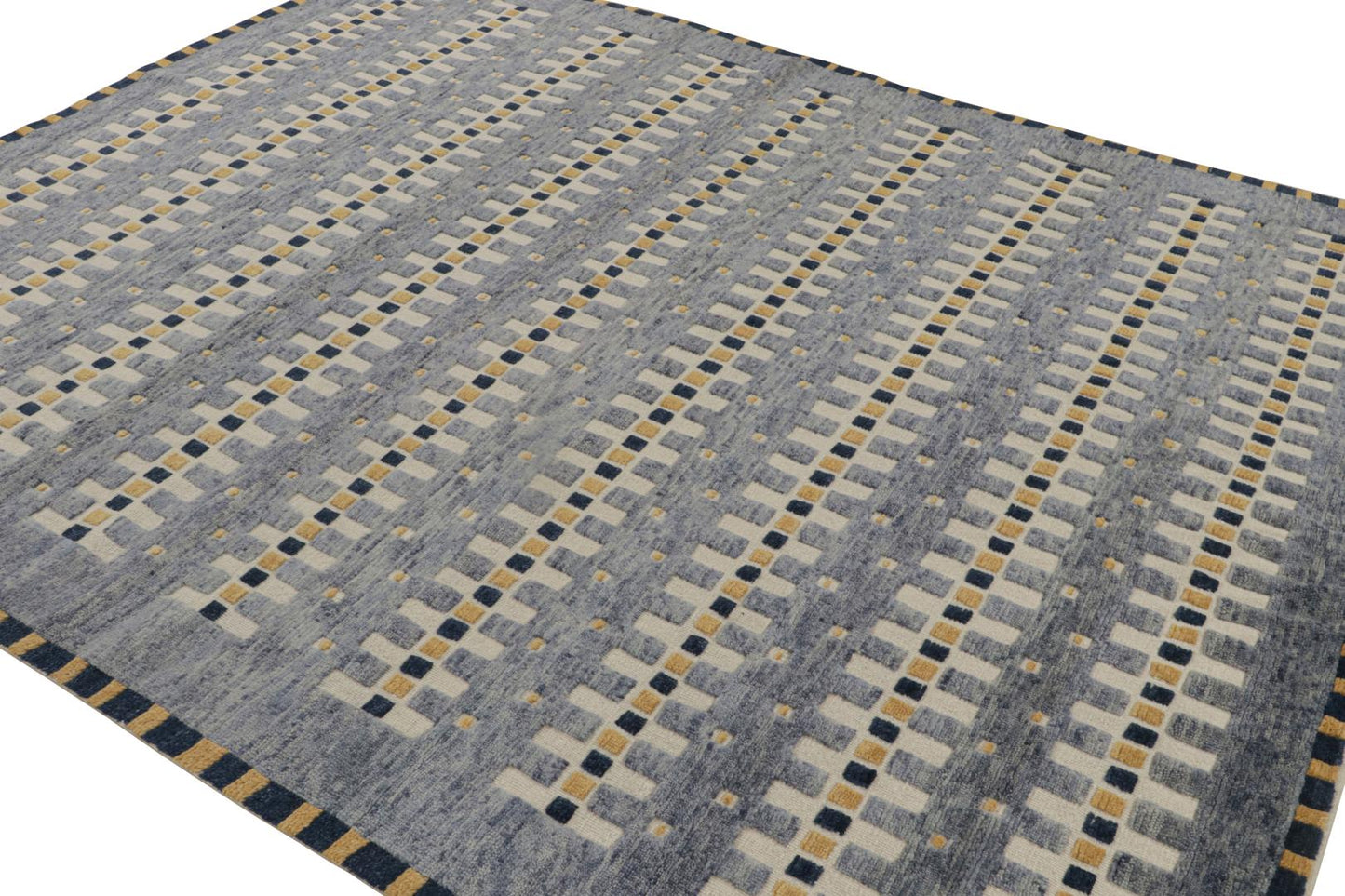Rug & Kilim's Scandinavian "High Texture" Rug in Blue with Geometric Patterns Rugs