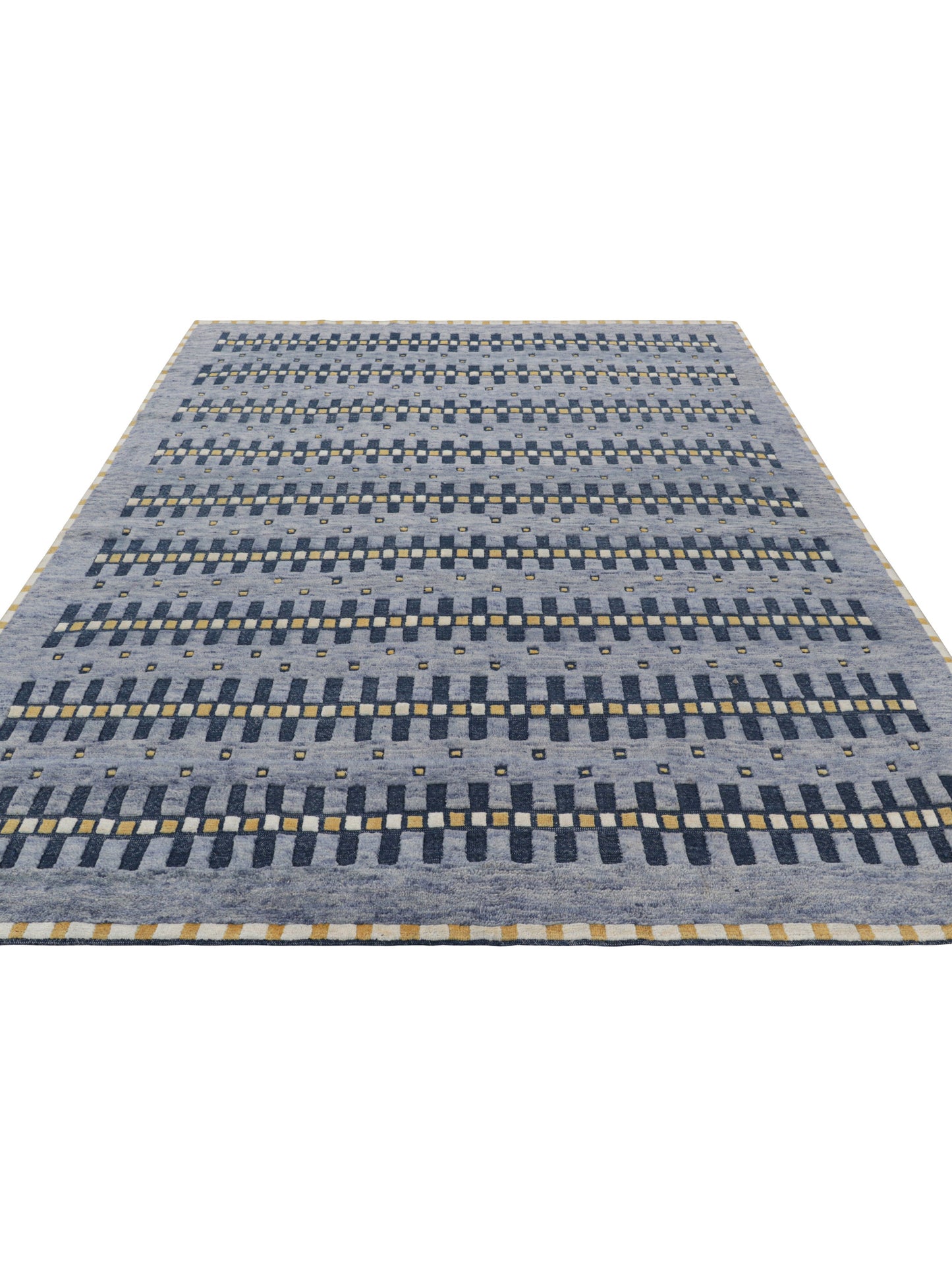 Rug & Kilim's Scandinavian Rug in Blue Gold and Off-White Geometric Patterns Rugs