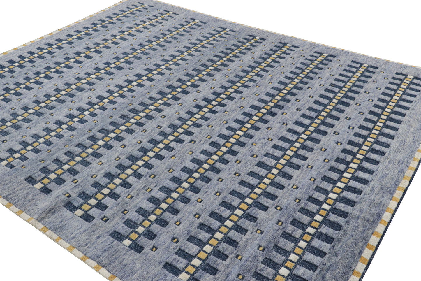 Rug & Kilim's Scandinavian Rug in Blue Gold and Off-White Geometric Patterns Rugs