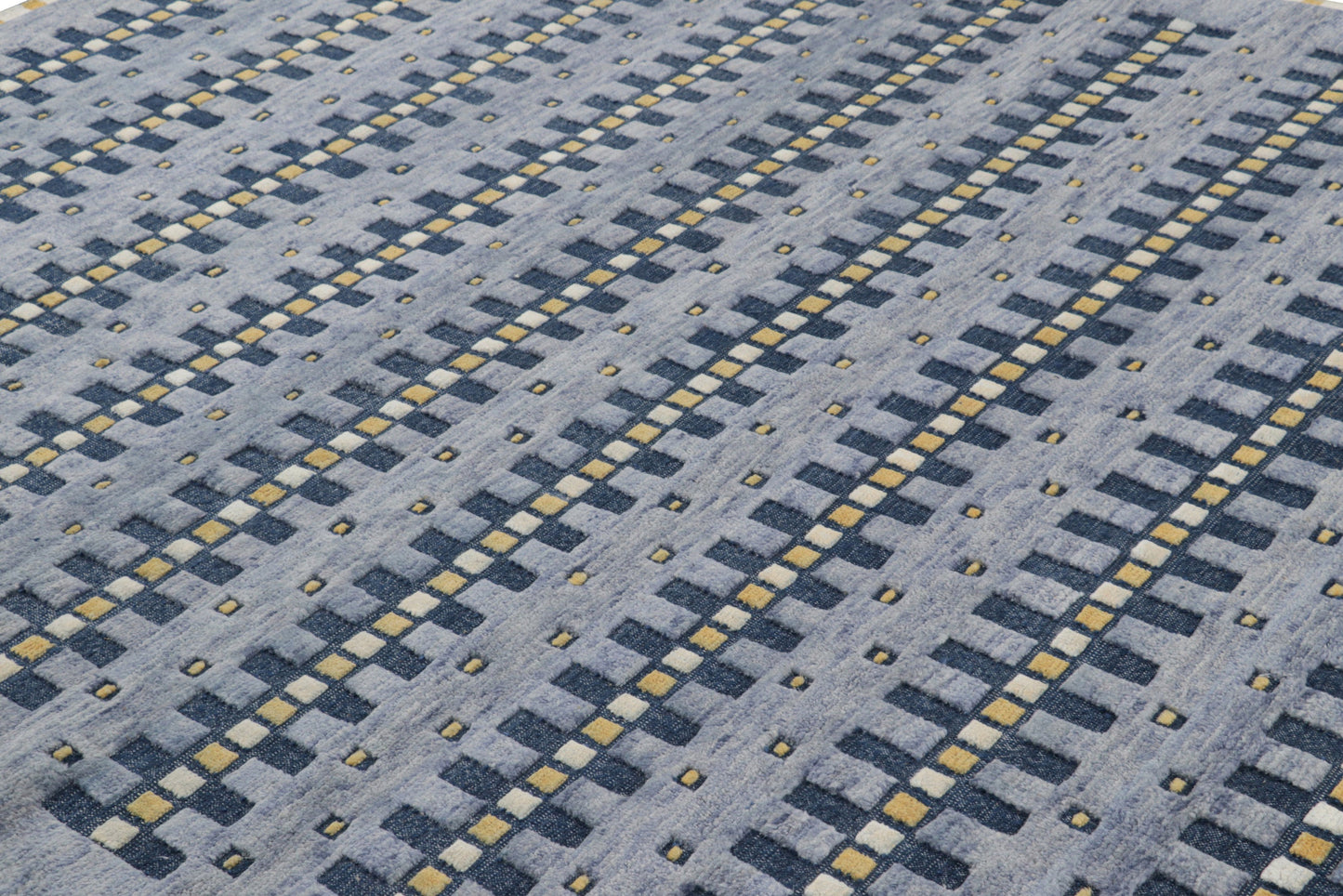 Rug & Kilim's Scandinavian Rug in Blue Gold and Off-White Geometric Patterns Rugs