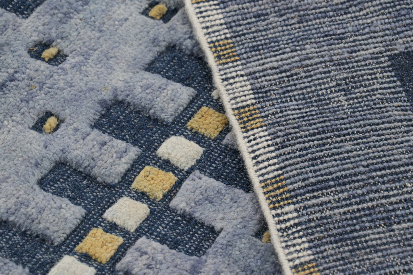 Rug & Kilim's Scandinavian Rug in Blue Gold and Off-White Geometric Patterns Rugs