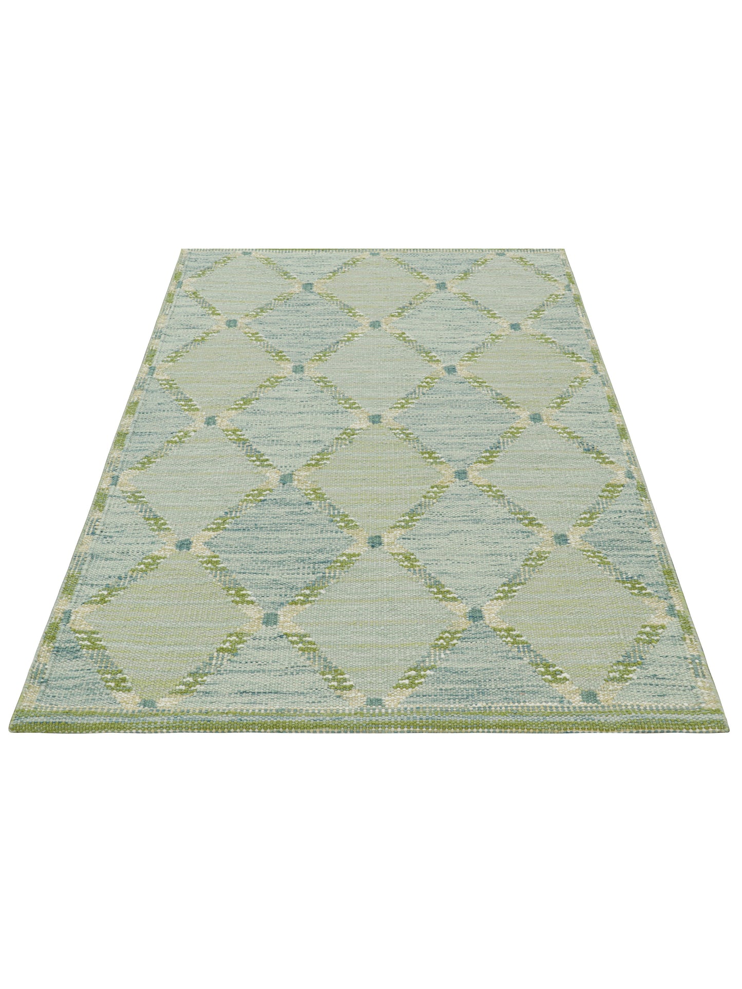 Rug & Kilim's Scandinavian Rug in Green and Blue Lattice Diamond Patterns Rugs