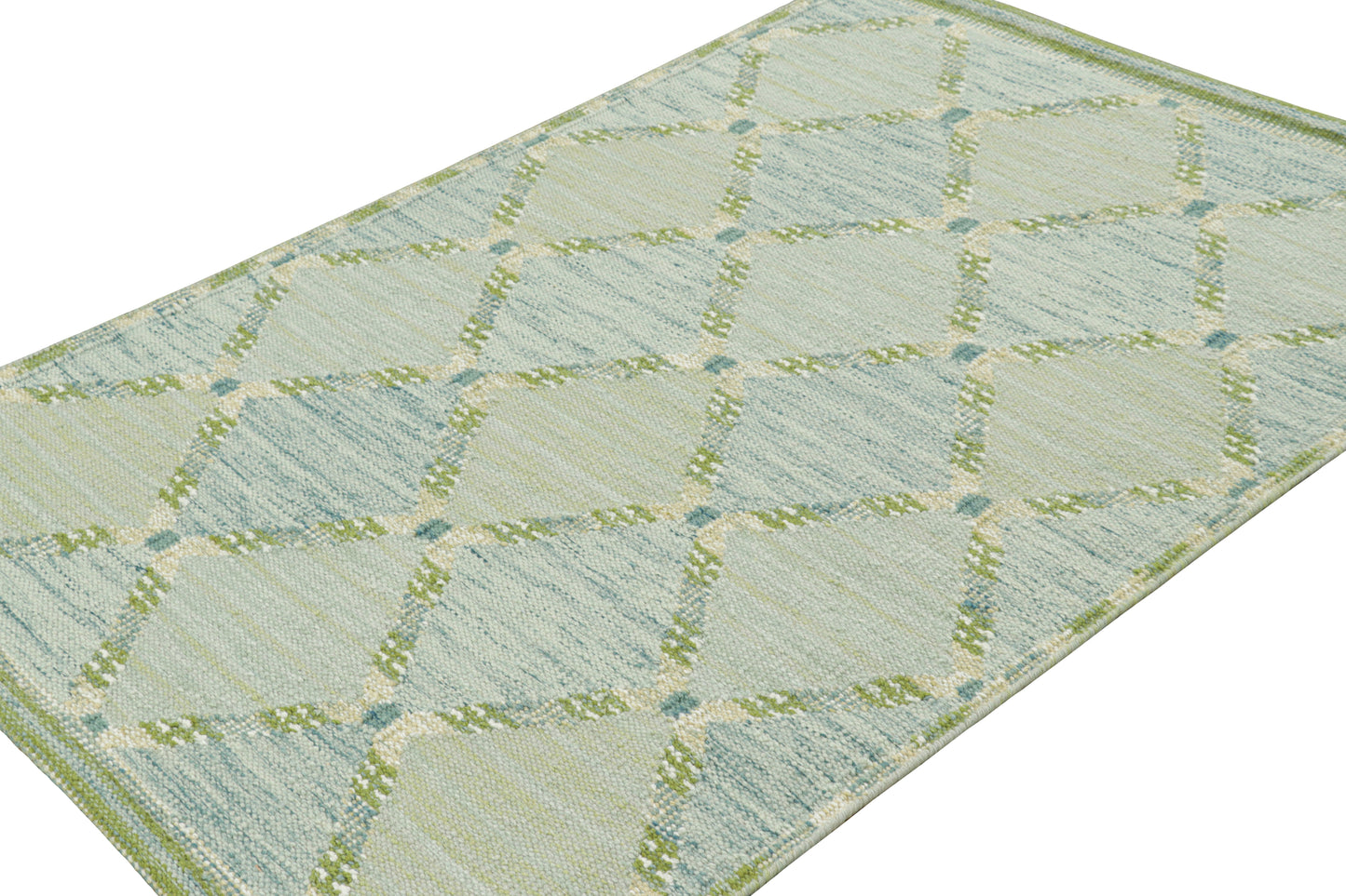 Rug & Kilim's Scandinavian Rug in Green and Blue Lattice Diamond Patterns Rugs