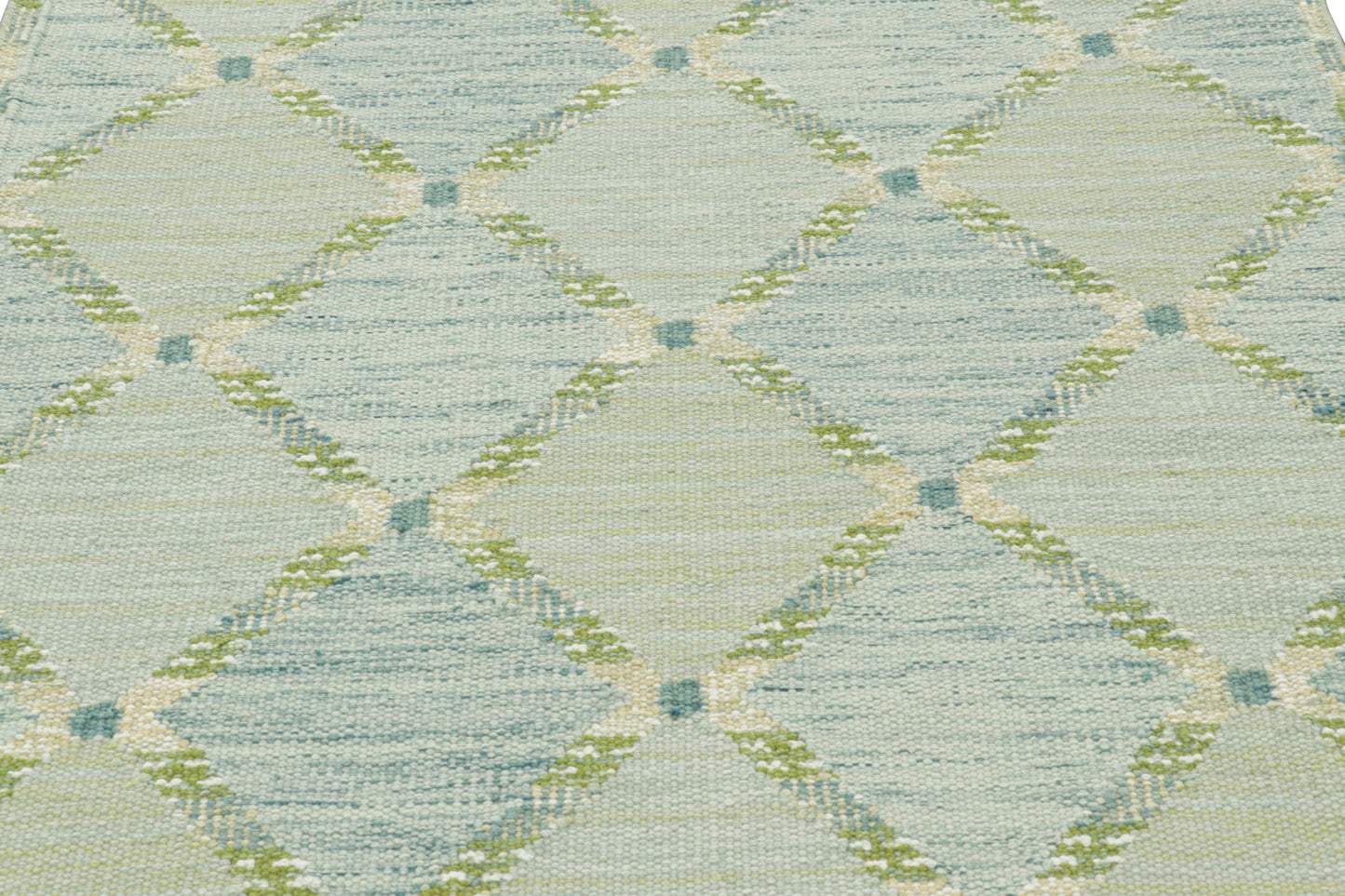 Rug & Kilim's Scandinavian Rug in Green and Blue Lattice Diamond Patterns Rugs