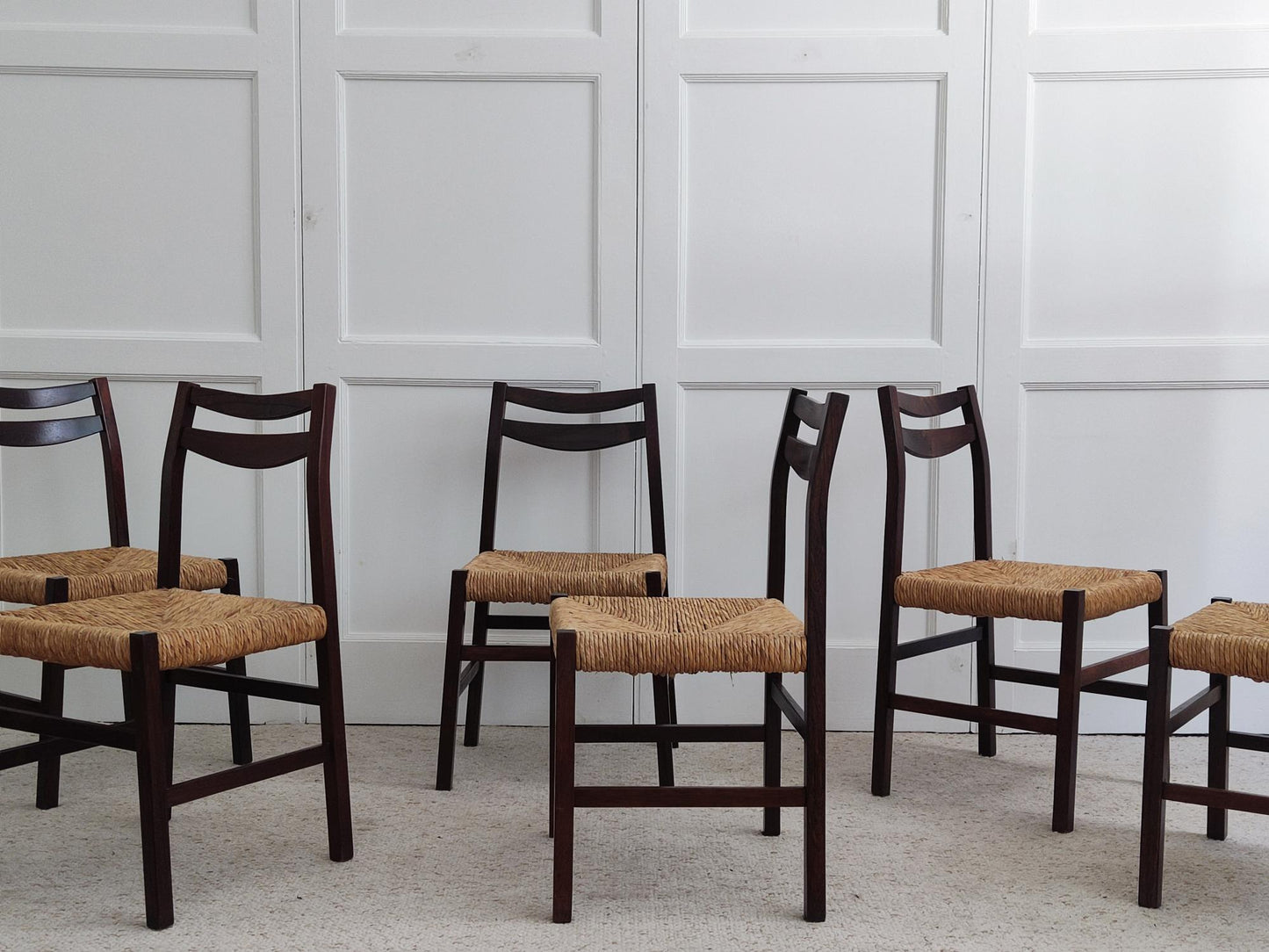 Set of 6 Wood & Wicker Italian Chairs, 1960s Dining Chairs