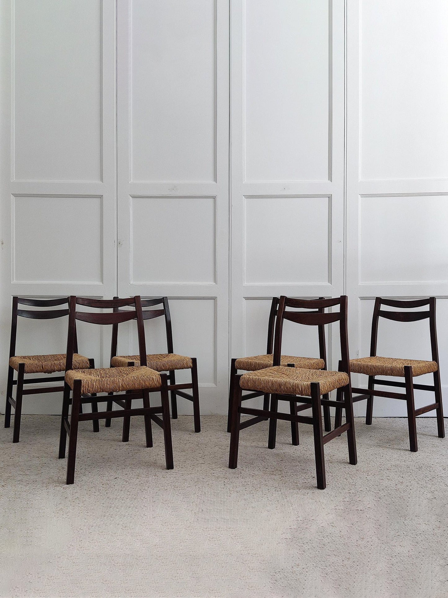 Set of 6 Wood & Wicker Italian Chairs, 1960s Dining Chairs