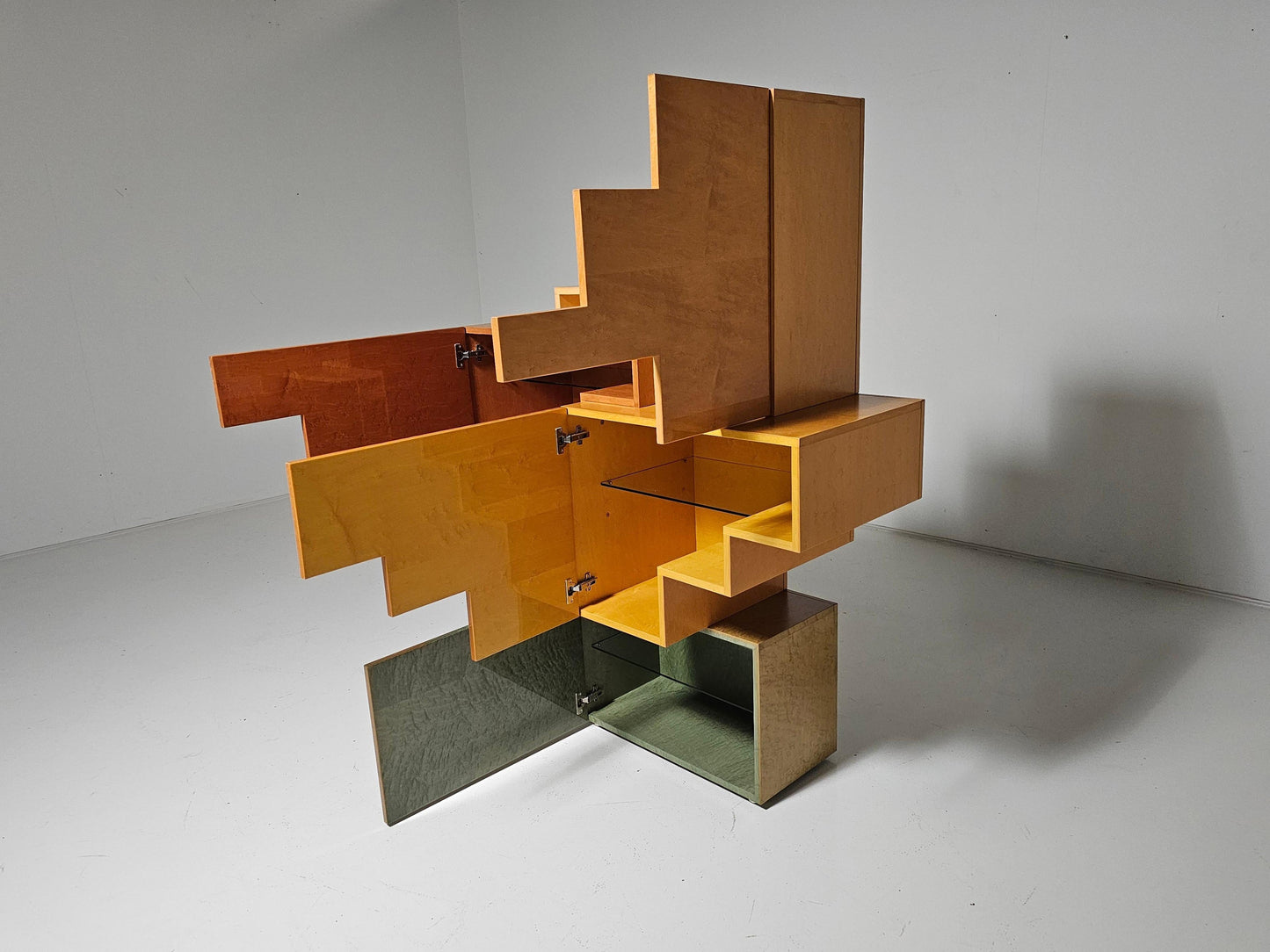 Unique Burlwood Sculptural Cubist Cabinet, Italy, 1990s Cabinets