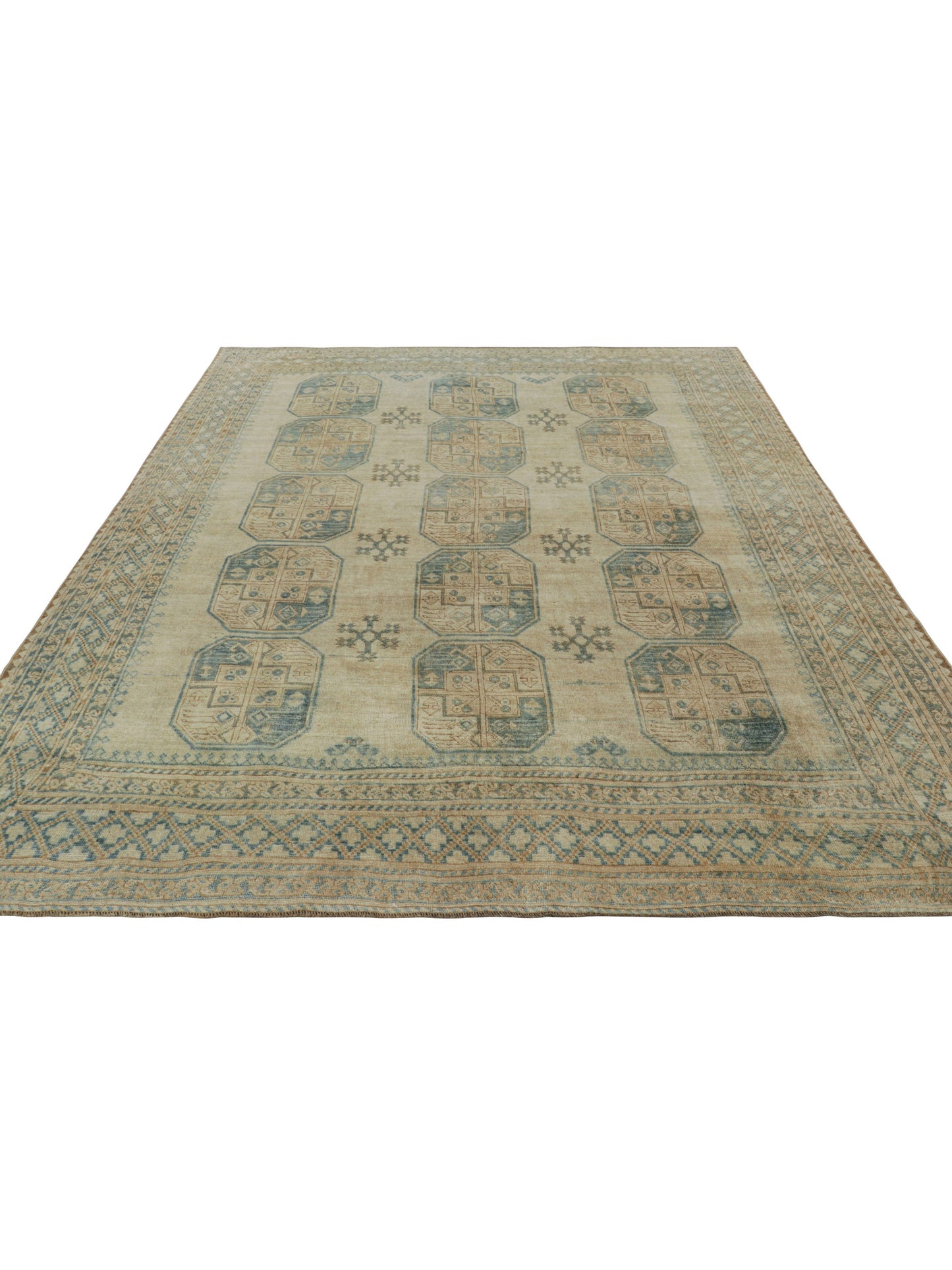 Vintage Ersari 8x9 Rug in Beige-Brown and Teal Geometric Patterns from Rug & Kilim Rugs