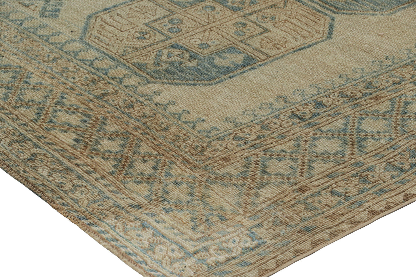 Vintage Ersari 8x9 Rug in Beige-Brown and Teal Geometric Patterns from Rug & Kilim Rugs