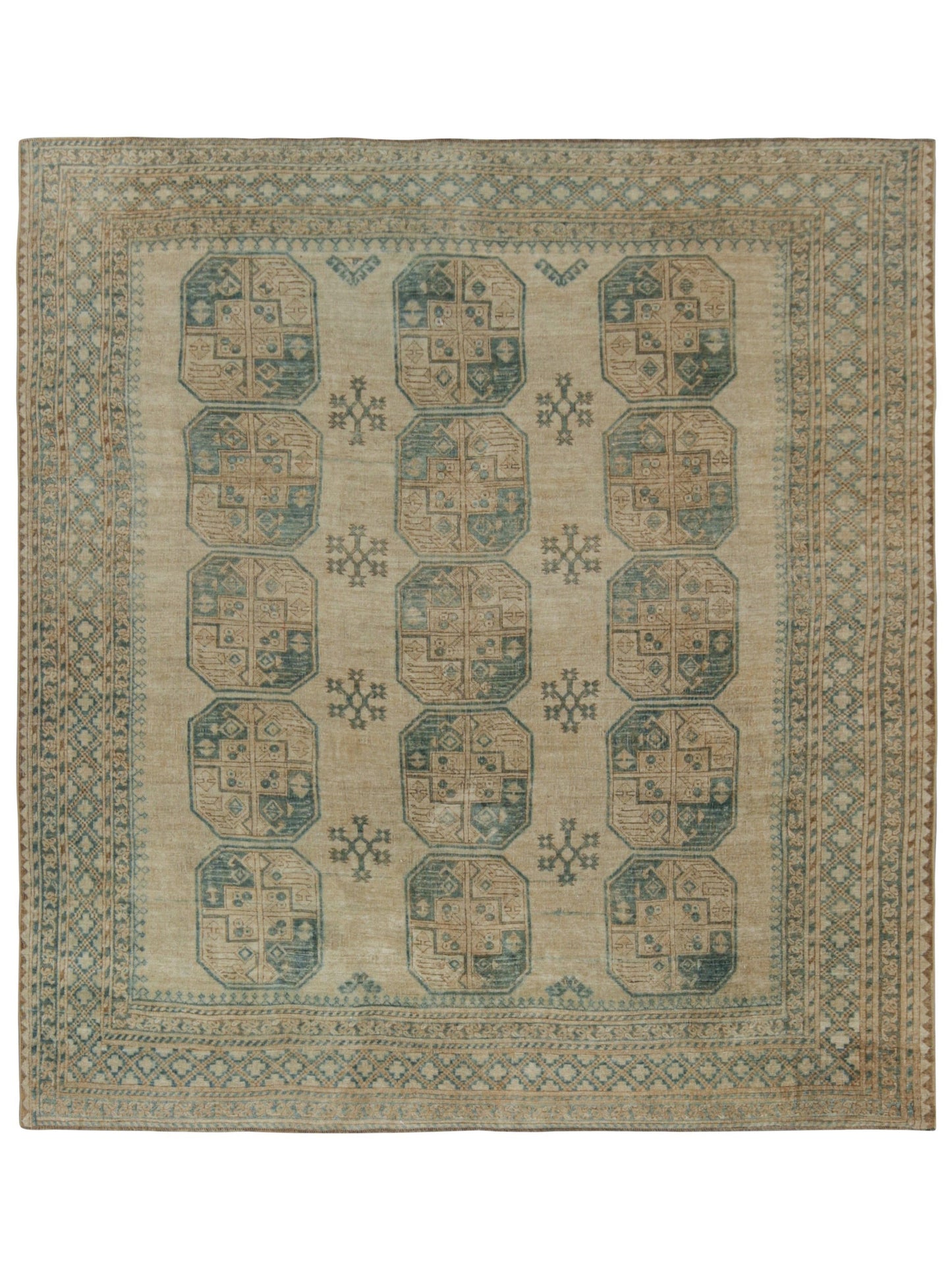 Vintage Ersari 8x9 Rug in Beige-Brown and Teal Geometric Patterns from Rug & Kilim Rugs