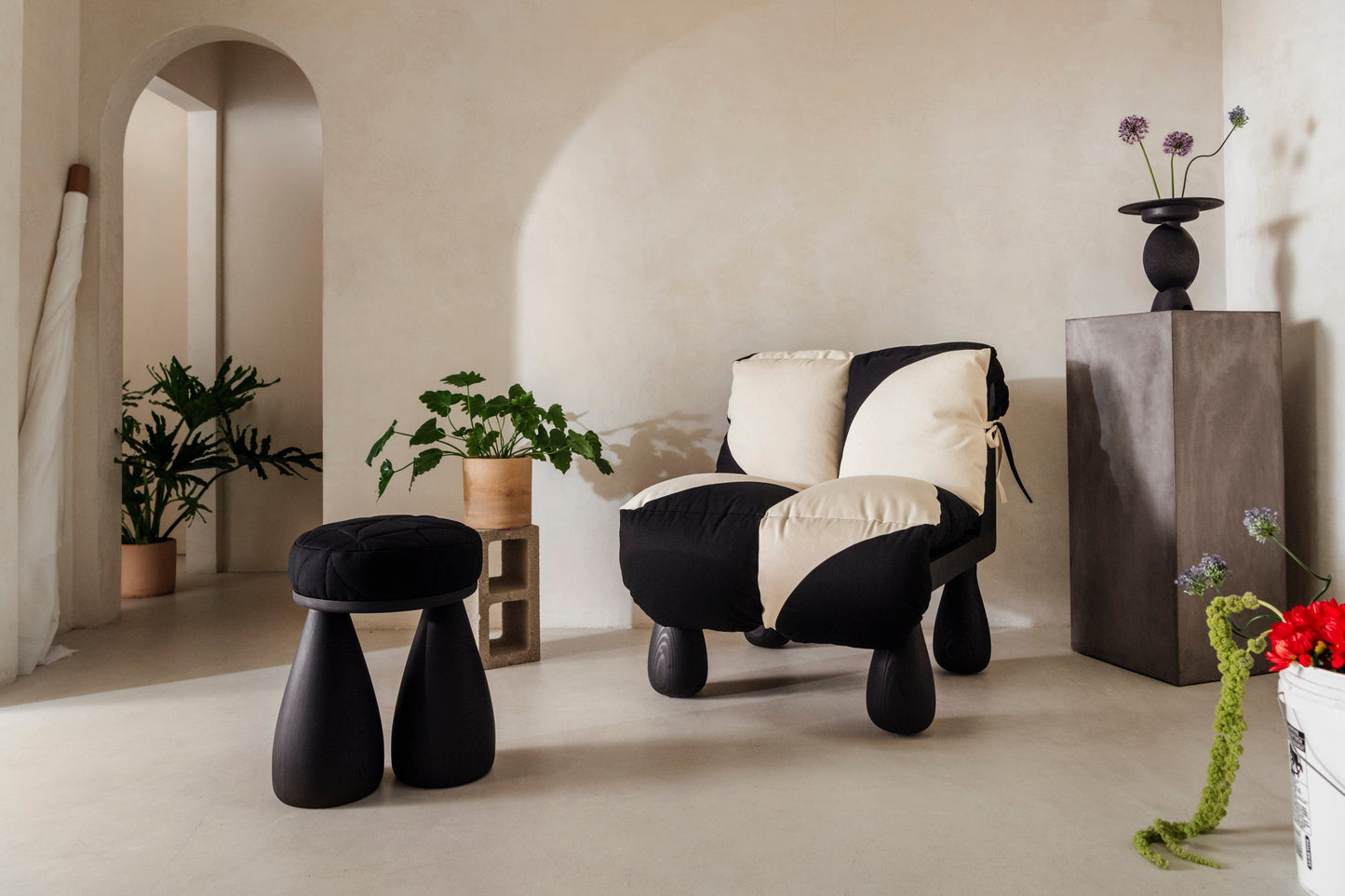 Contemporary Black Quilted Stool by Studio Sam Klemick Stools