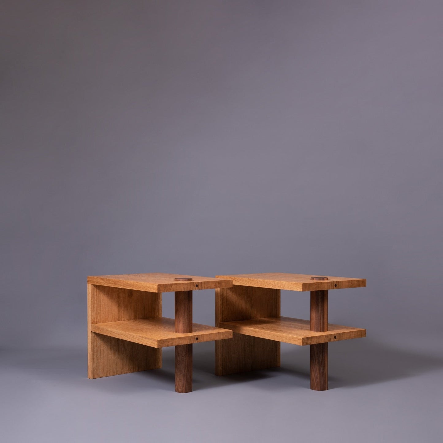Oak & Walnut Pillar Nightstands - Set of 2 Bedside Tables