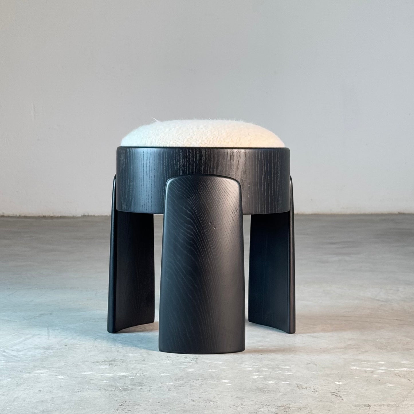 Sculptural Black Ash Wood Stools with Dedar Milano Bouclé Ivory by FORME