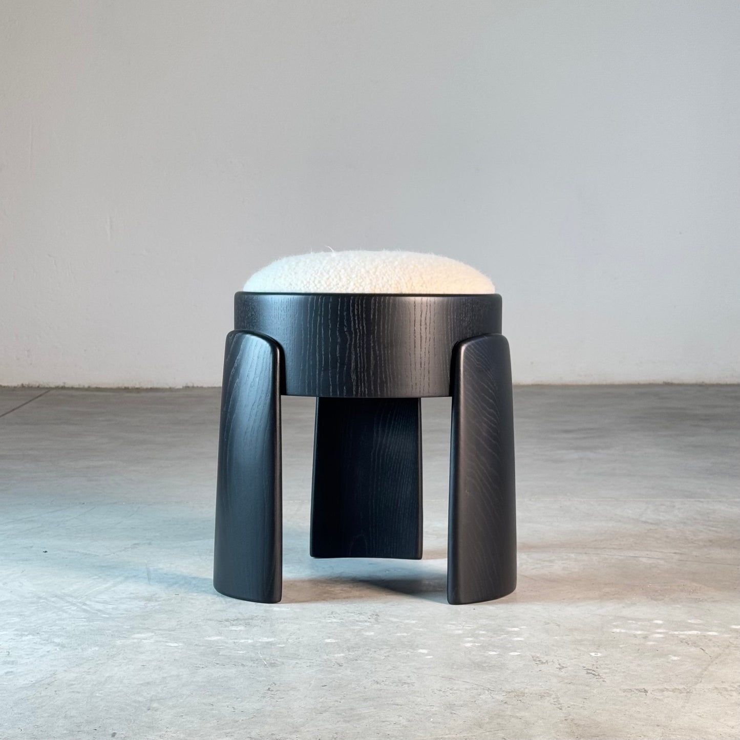 Sculptural Black Ash Wood Stools with Dedar Milano Bouclé Ivory by FORME