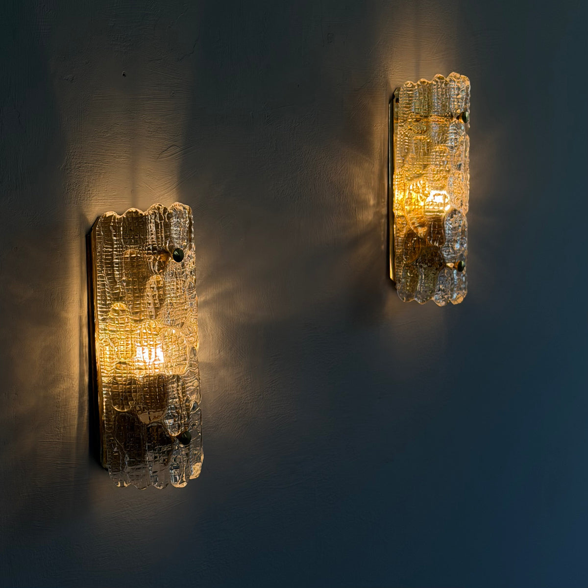 Pair of Glass and Brass Wall Lights by Carl Fagerlund for Orrefors, 1970s Sconces