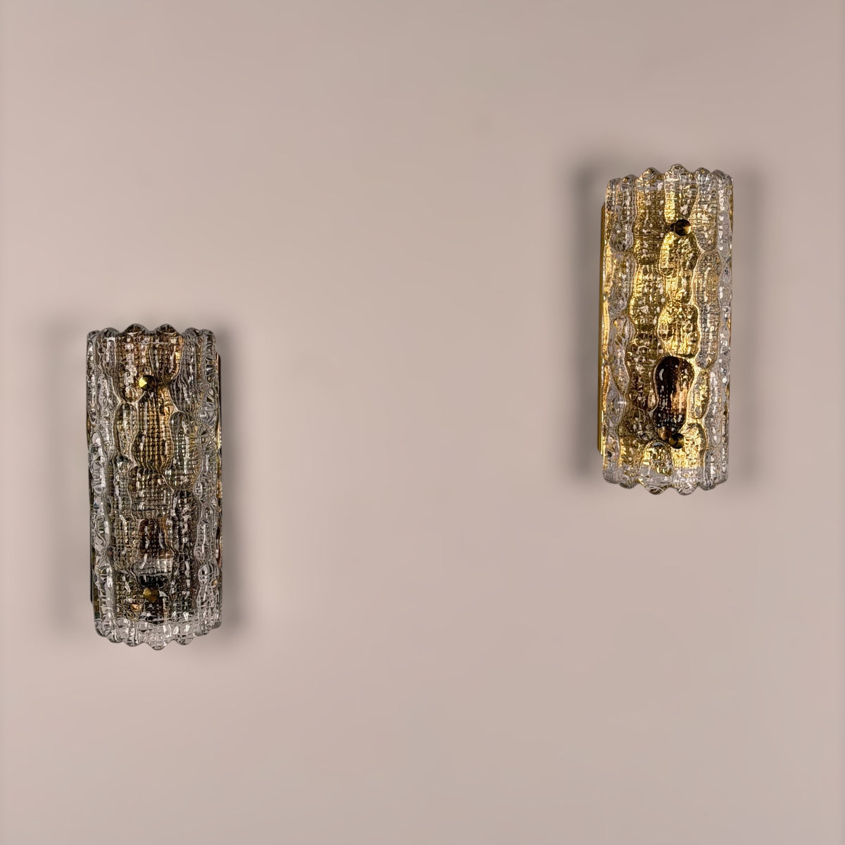 Pair of Glass and Brass Wall Lights by Carl Fagerlund for Orrefors, 1970s Sconces